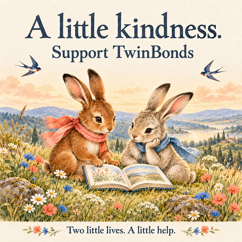 A little kindness. Support TwinBonds. Our two woodland companions share a story.